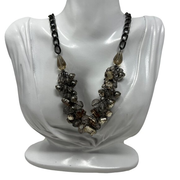 Loft Necklace Gunmetal Chain Purple Clear Lucite Beads Cluster - Picture 1 of 8